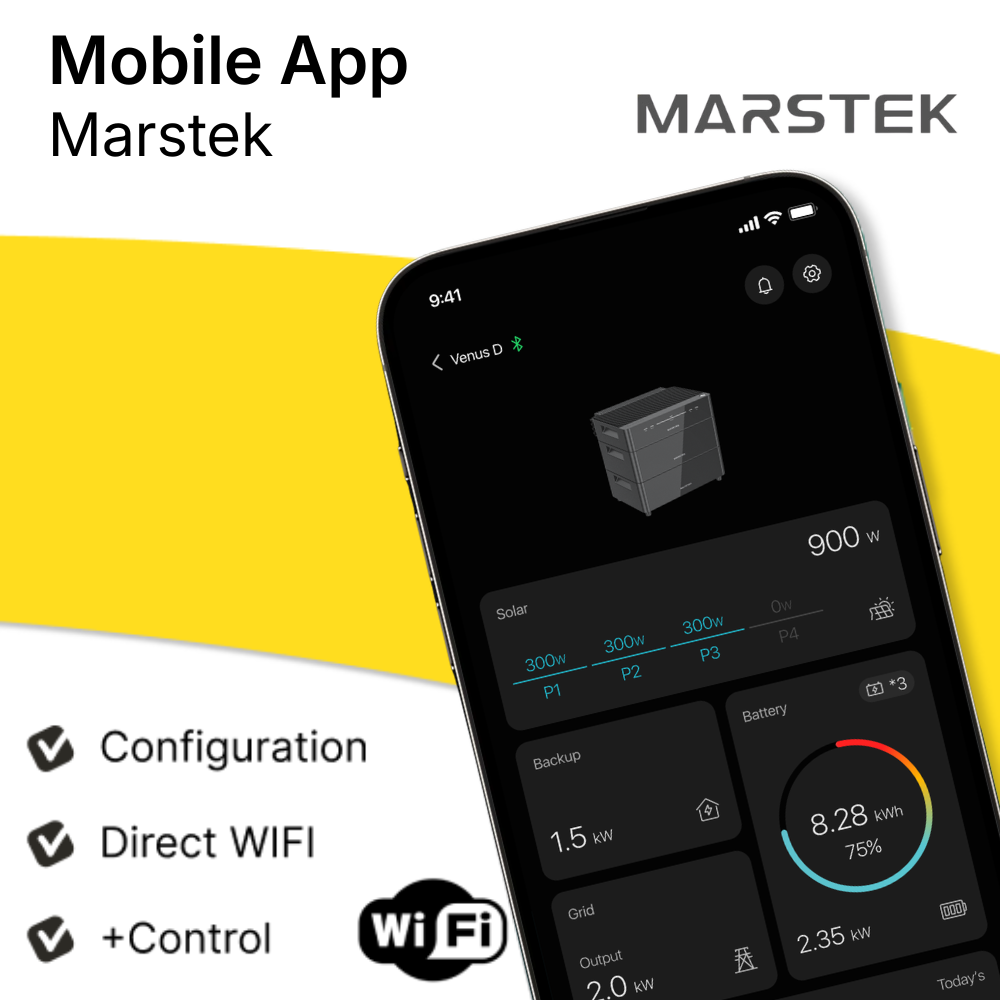 Smartphone displaying a power management app with Marstek branding on a yellow and white background.