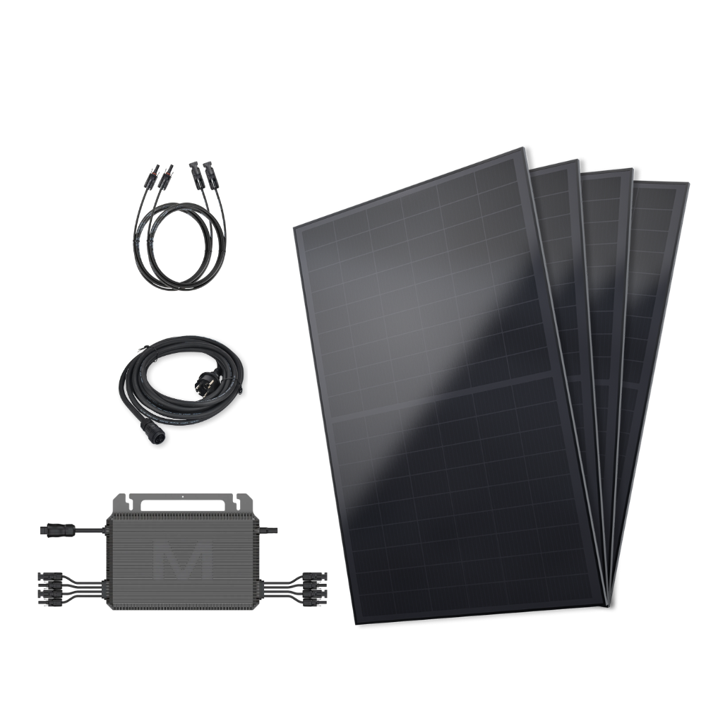 Solar panel kit with panels, cables, and a controller on a white background