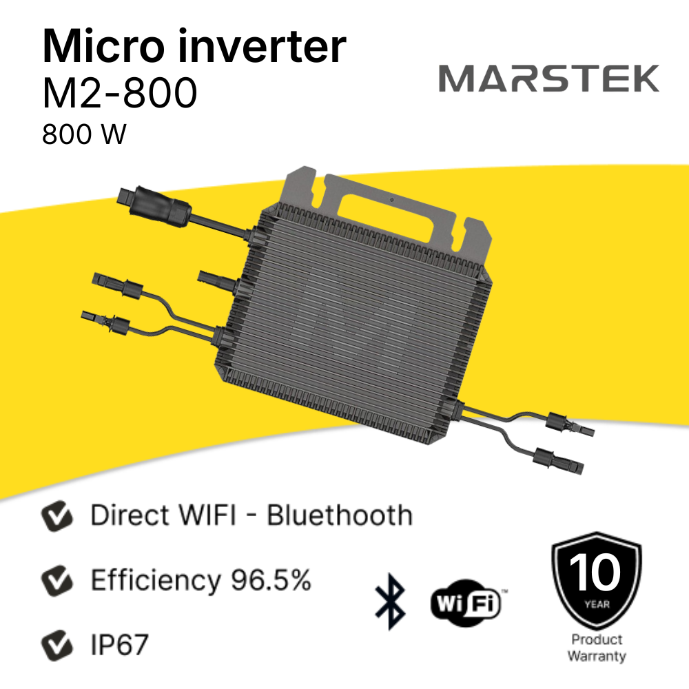 Marstek M2-800 micro inverter with features listed on a yellow and white background