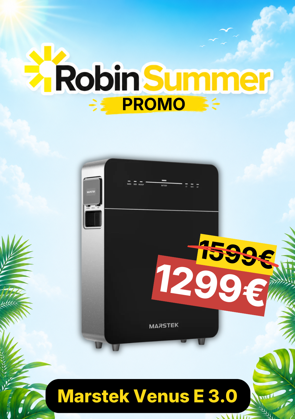 Marstek Venus E 3.0 battery with Robin Summer promo text and price tag on a scenic background